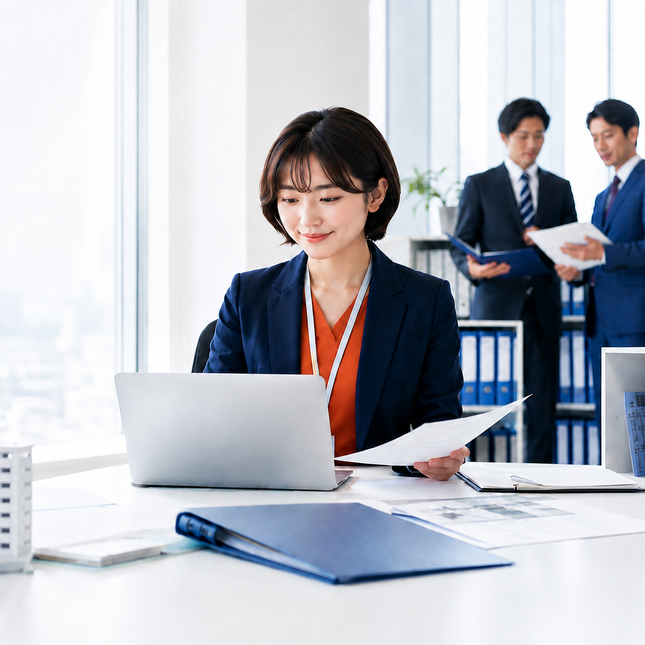 明るいオフィスで書類確認をしている業務イメージ