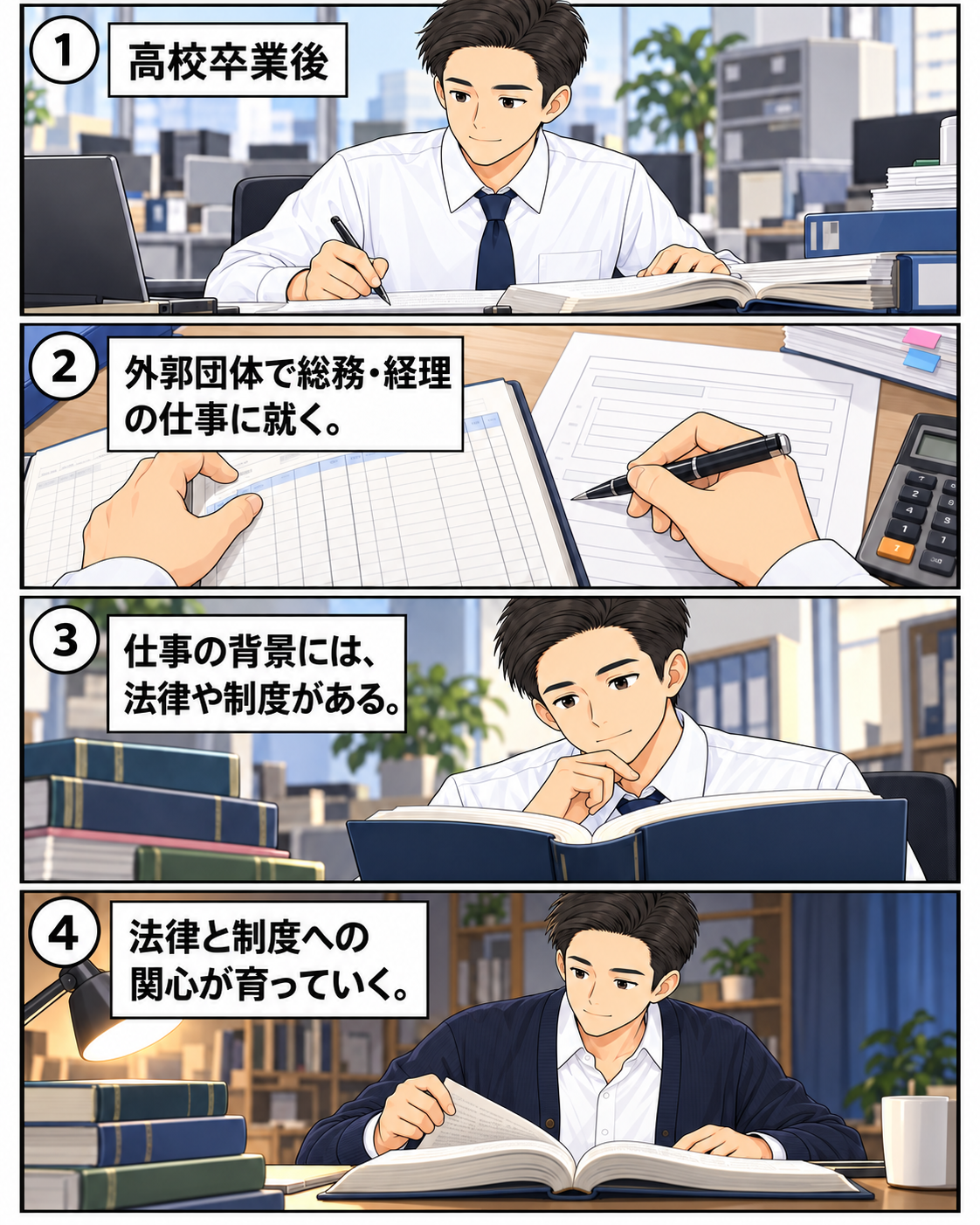 高校卒業後、外郭団体で総務・経理の仕事に就き、法律と制度に関心を持つ