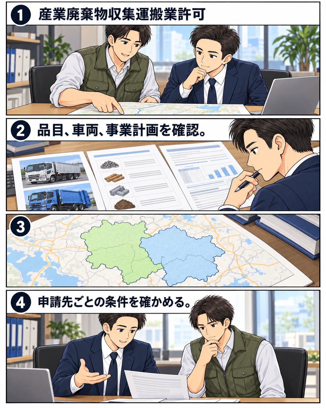産業廃棄物収集運搬業許可の品目、車両、事業計画、申請先の条件を確認