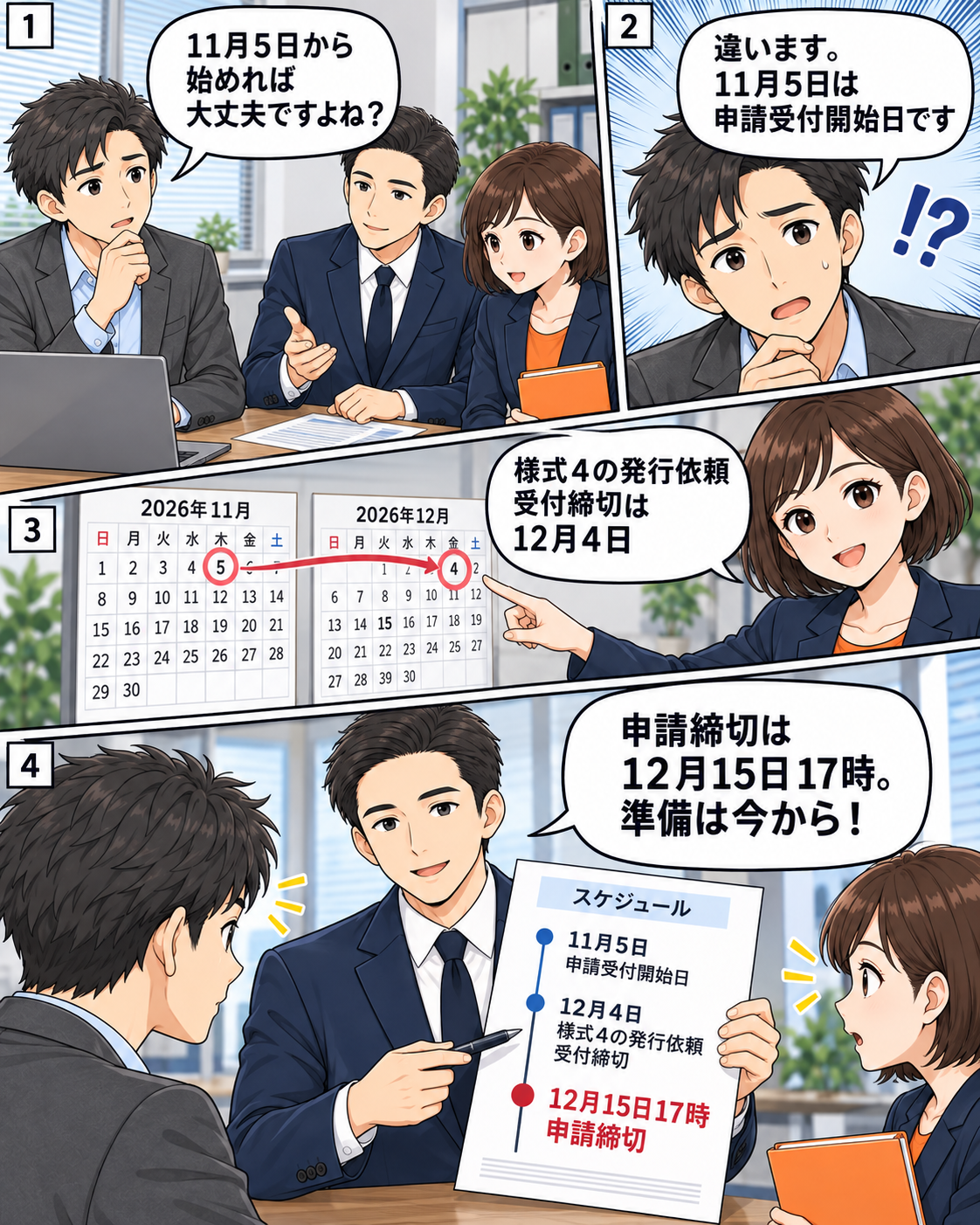 11月5日の申請受付開始、12月4日の様式4発行依頼受付締切、12月15日17時の申請締切を確認