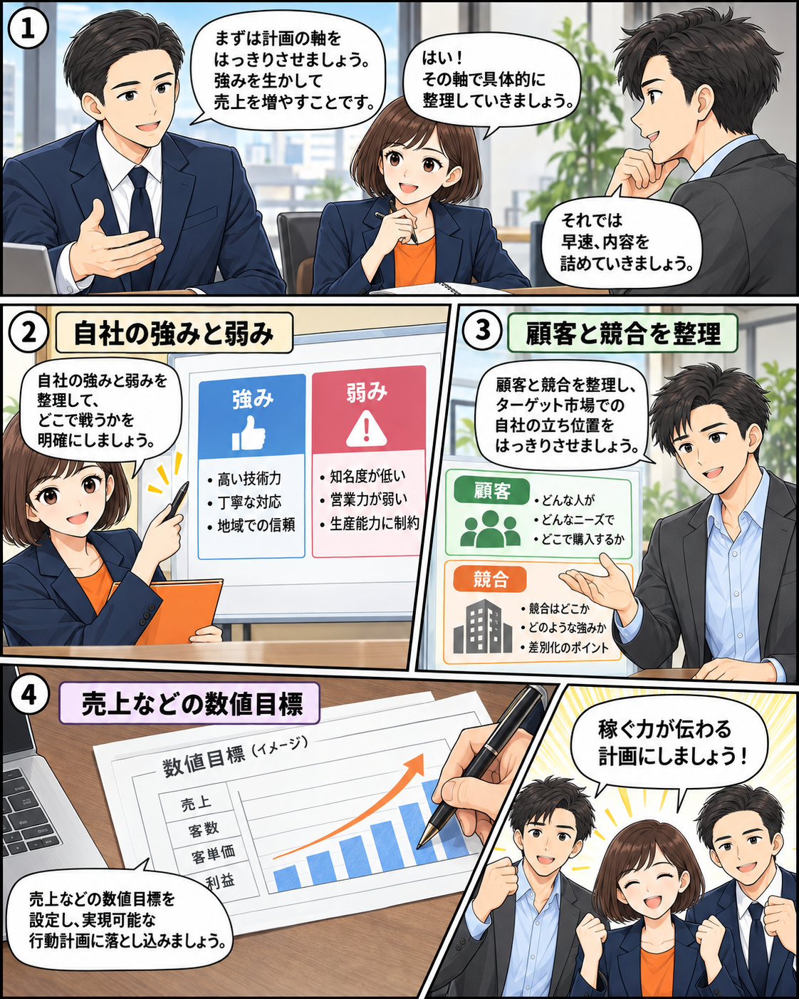自社の強みと弱み、顧客と競合、売上などの数値目標を整理