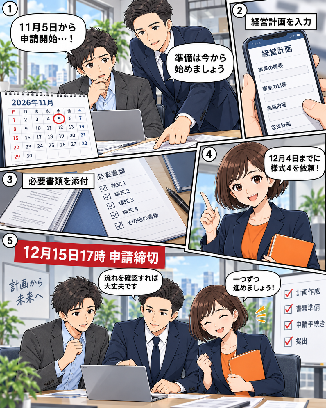 経営計画の入力、必要書類の添付、様式4の発行依頼、申請締切までの流れ