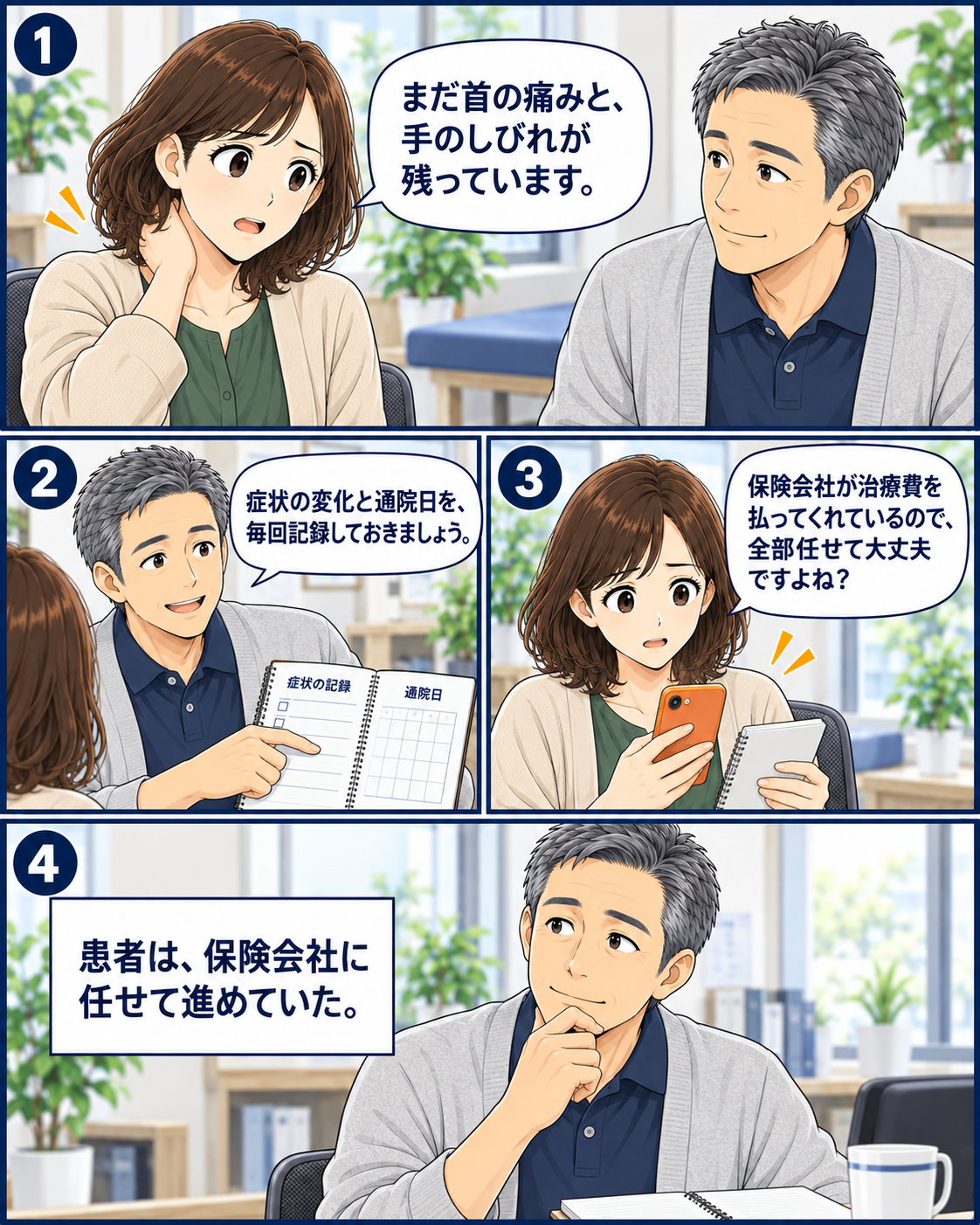 交通事故後の症状と通院日を記録し、保険会社任せにしないことを確認する