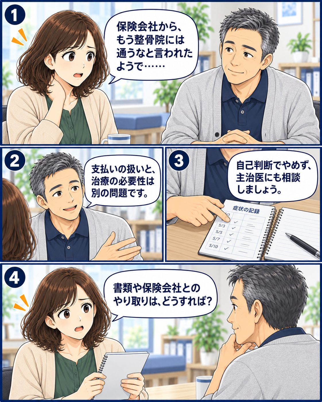 保険会社から通院をやめるよう言われても、主治医へ相談することを確認する