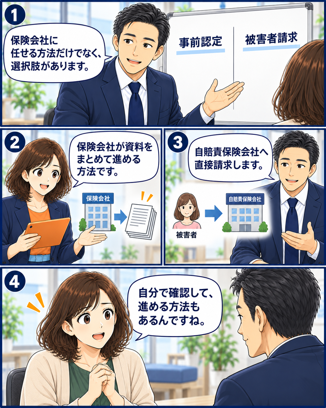 保険会社に任せる方法だけでなく、被害者請求という選択肢があることを説明する