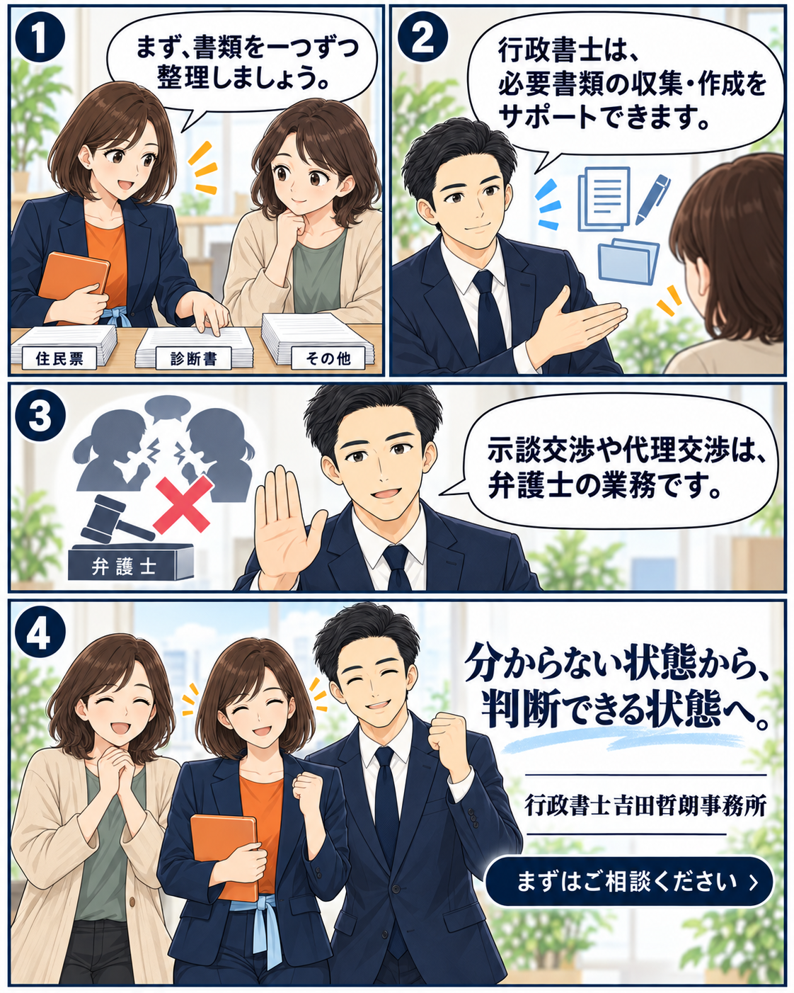 必要書類を整理し、行政書士が書類作成をサポートできる範囲と弁護士業務との違いを案内する