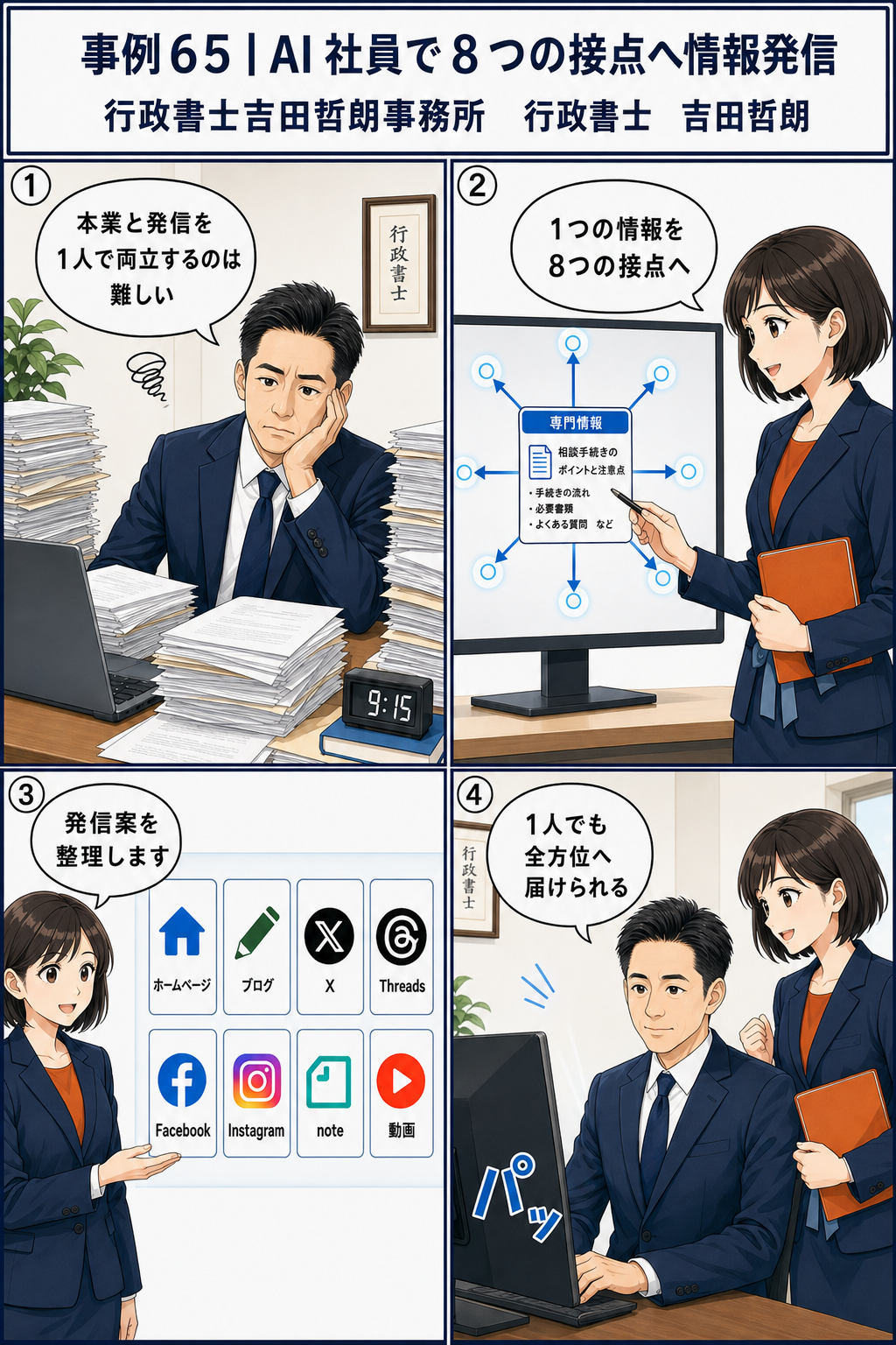 行政書士吉田哲朗とAI社員許乃みのりが専門情報を8つの媒体へ発信する流れ