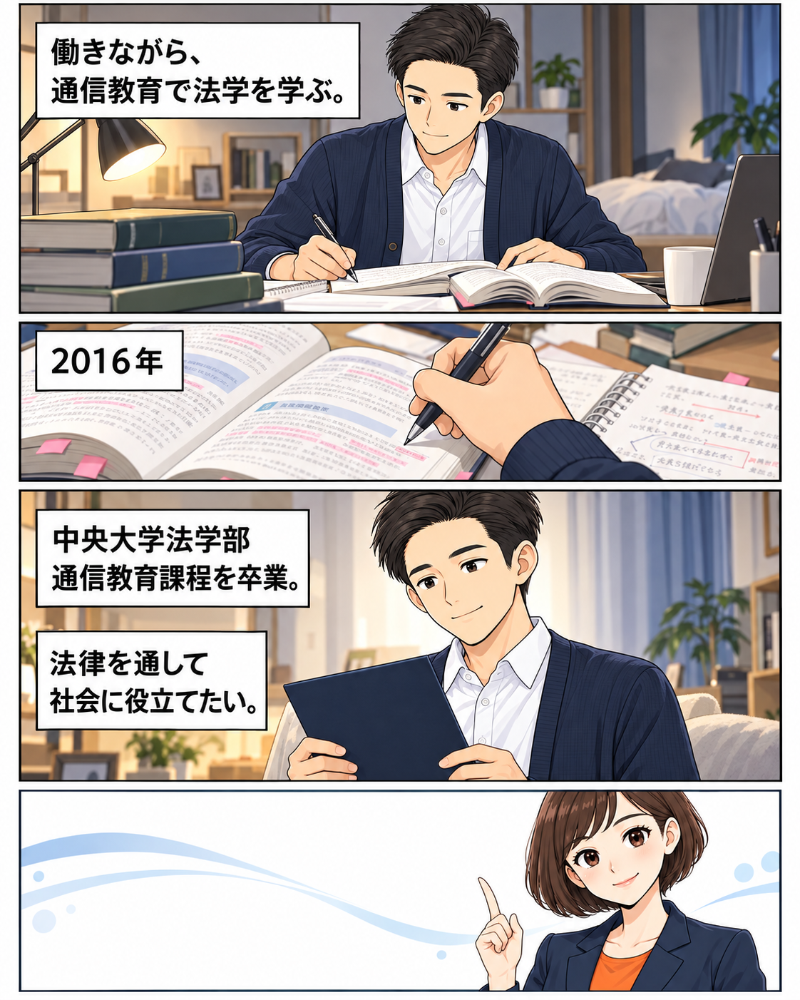 働きながら通信教育で法学を学び、2016年に中央大学法学部通信教育課程を卒業