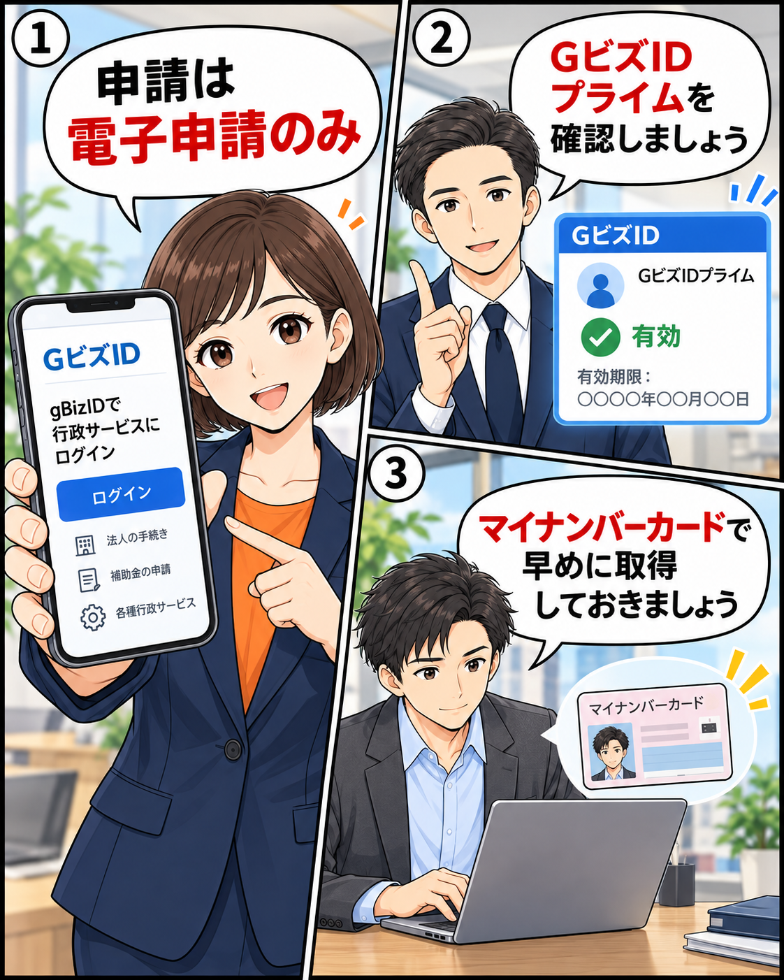 電子申請とGビズIDプライム、マイナンバーカードの準備を確認