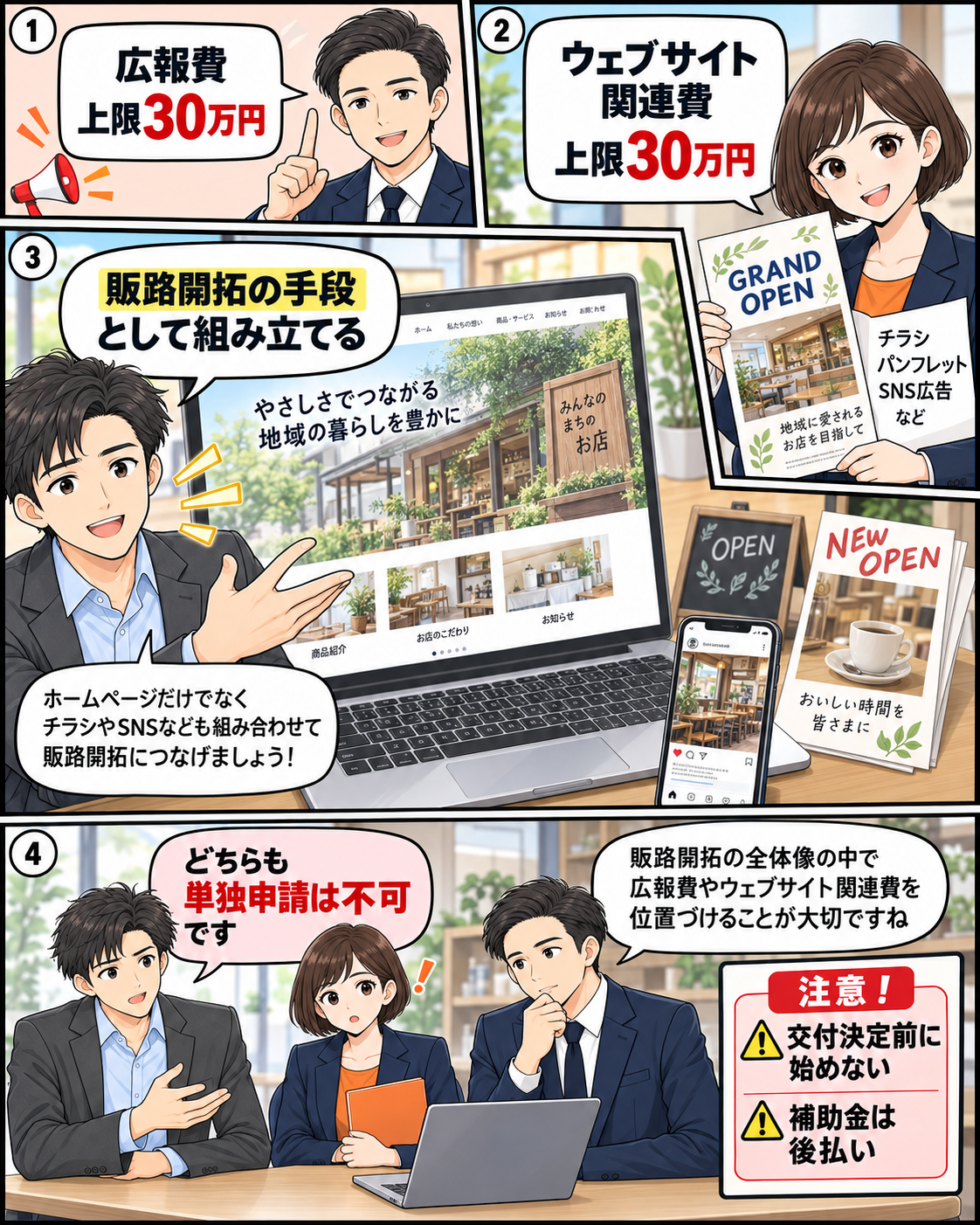 広報費とウェブサイト関連費の上限30万円、単独申請不可、交付決定前の注意