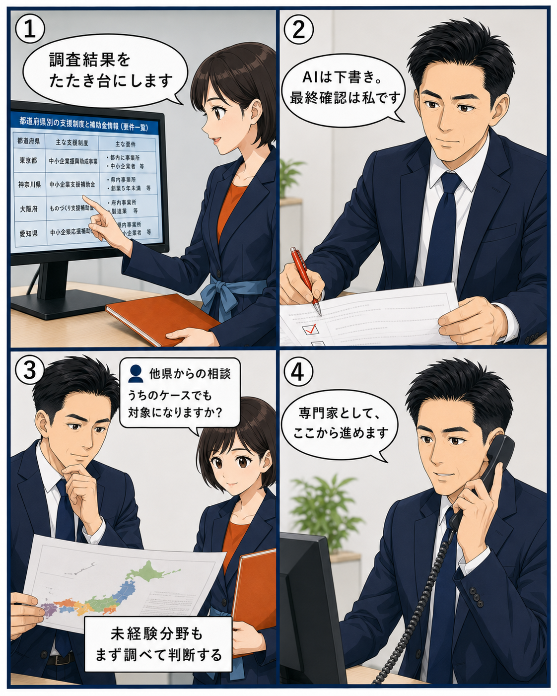AI社員許乃みのりが情報を整理し行政書士吉田哲朗が最終確認する流れ