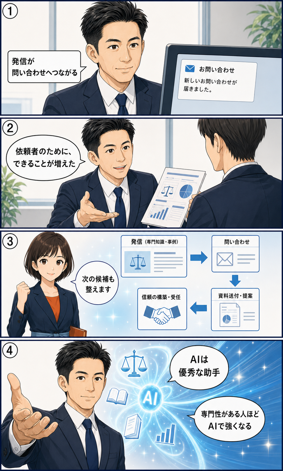 情報発信から問い合わせ、相談、受任へつながる流れ